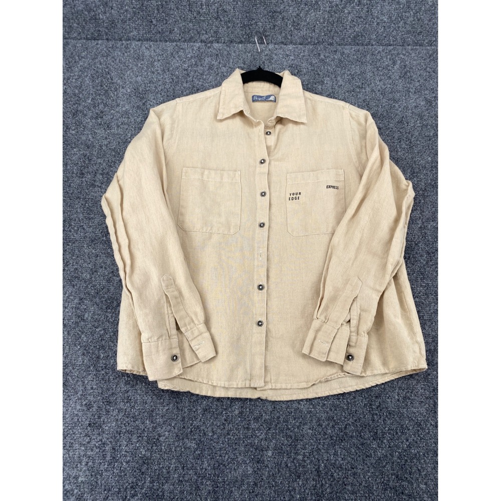 People TM Button Up Shirt Graphic Utility Jacket Small Tan Beige Edge Hidden